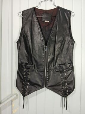 Black Leather Lace-Up Zip Front Women's Vest